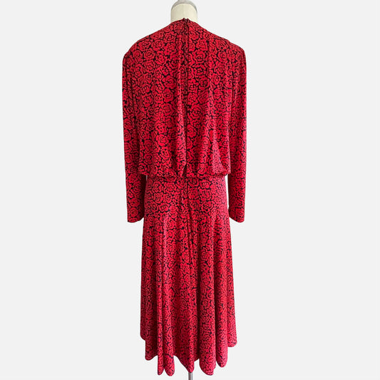 80s  Burning Red Floral Print Long Sleeve Maxi Dress