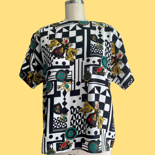 80s/90s Heraldic and Abstract Print Shell Top
