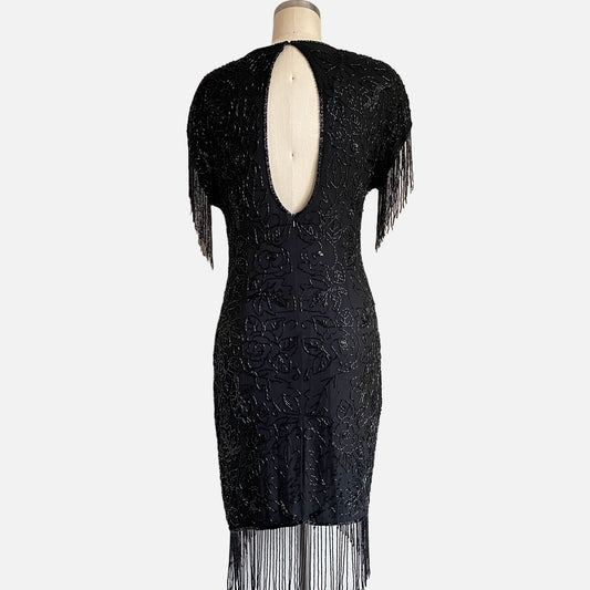 80s Art Deco Floral Beaded Flapper Dress