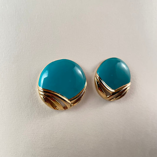 80s/90s Circular Gold Tone and Turquoise Enamel Earrings