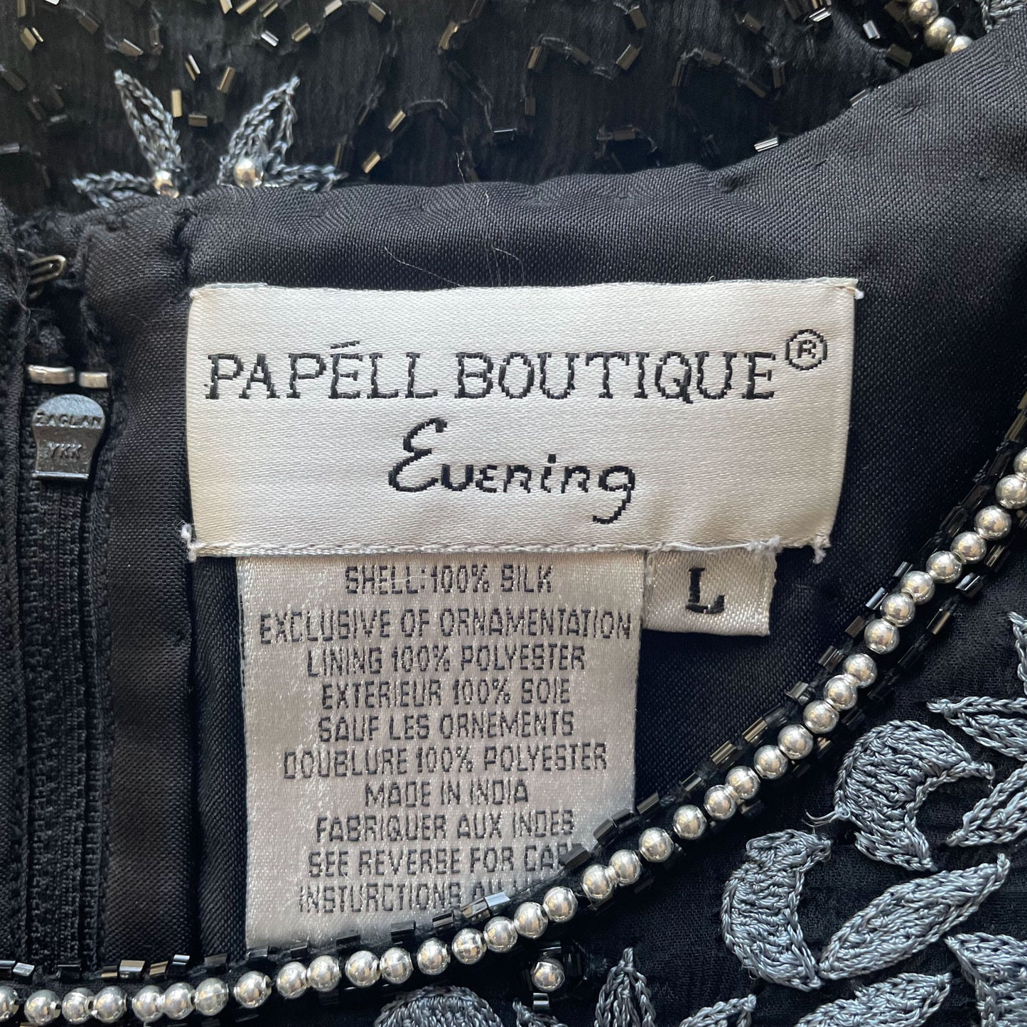 80s 100% Silk Black and Steel Grey Floral Beaded Top