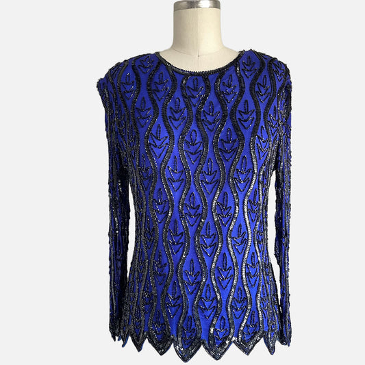80s 100% Indigo Blue Sequin Beaded Top