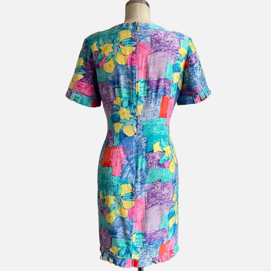 90s 100% Silk Multi Print Short Sleeve Mini Dress