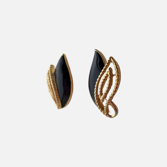 90s Trifari Gold Tone Filigree and Black Enamel Stud Earrings