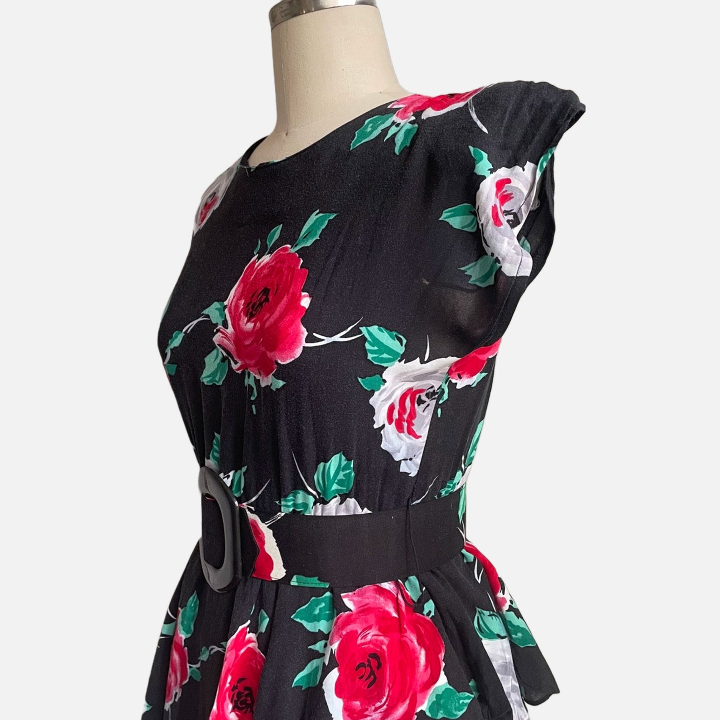 80s Black and Floral Peplum Pullover Secretary Dress
