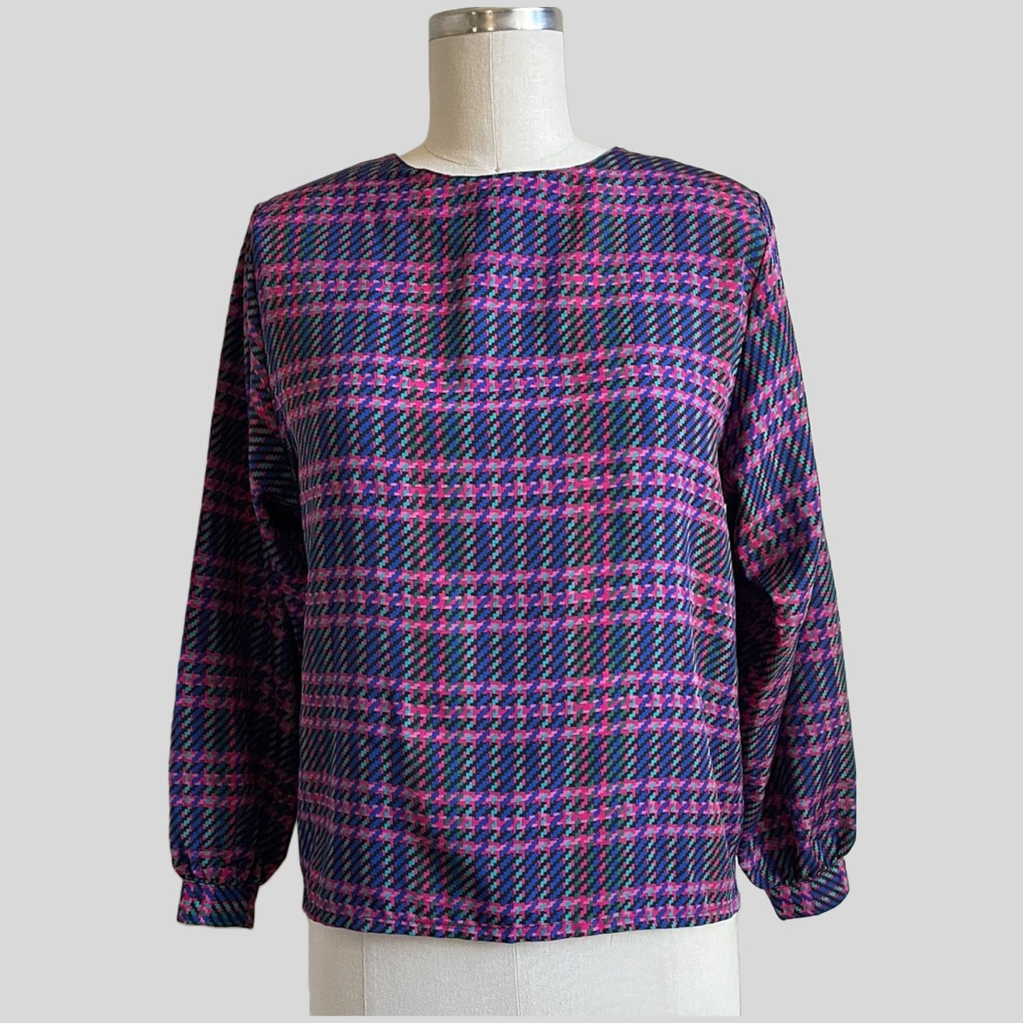 80s/90s Multi color Houndstooth Plaid Secretary Top