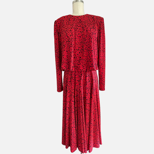 80s  Burning Red Floral Print Long Sleeve Maxi Dress