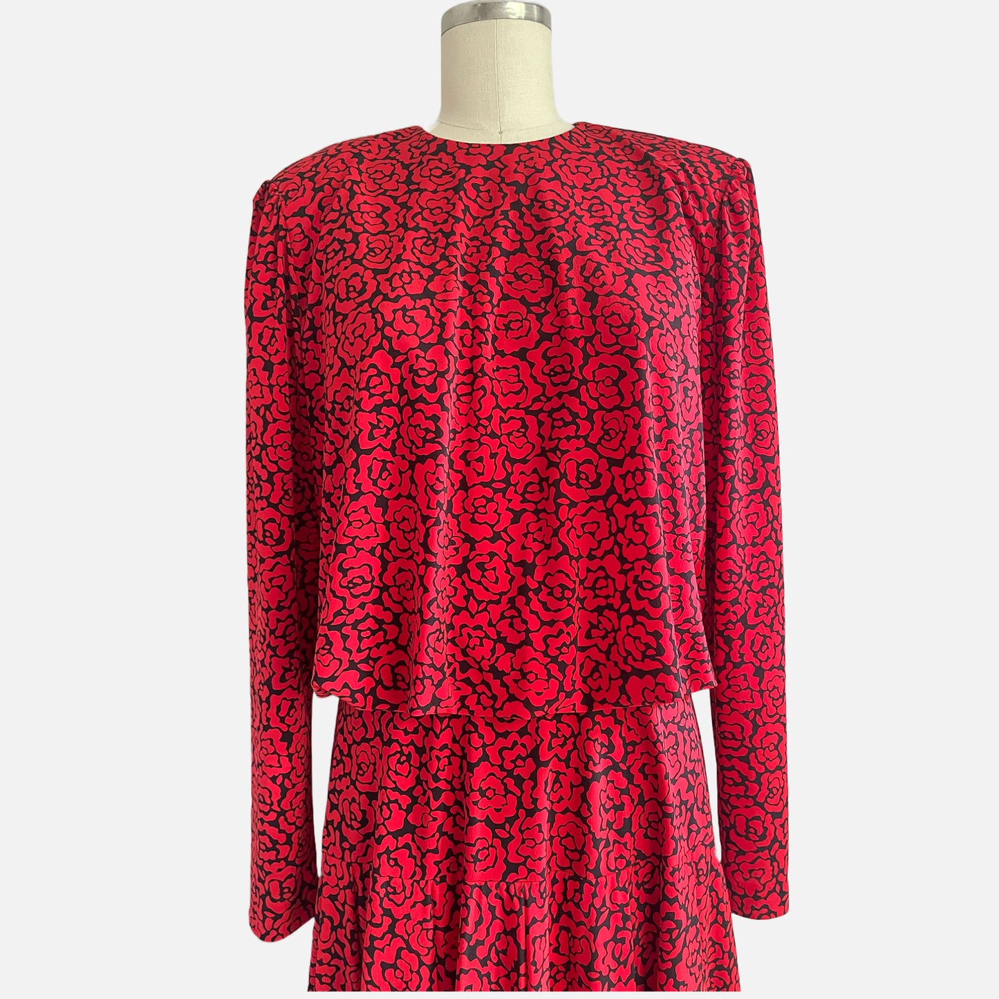 80s  Burning Red Floral Print Long Sleeve Maxi Dress