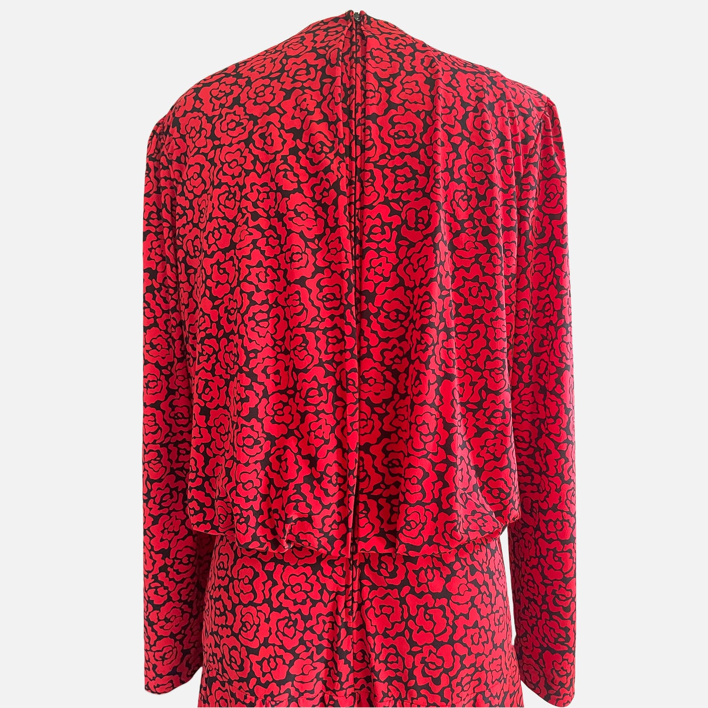 80s  Burning Red Floral Print Long Sleeve Maxi Dress