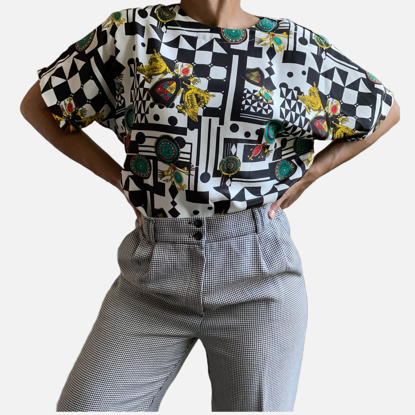 80s/90s Heraldic and Abstract Print Shell Top