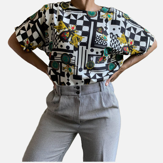 80s/90s Heraldic and Abstract Print Shell Top