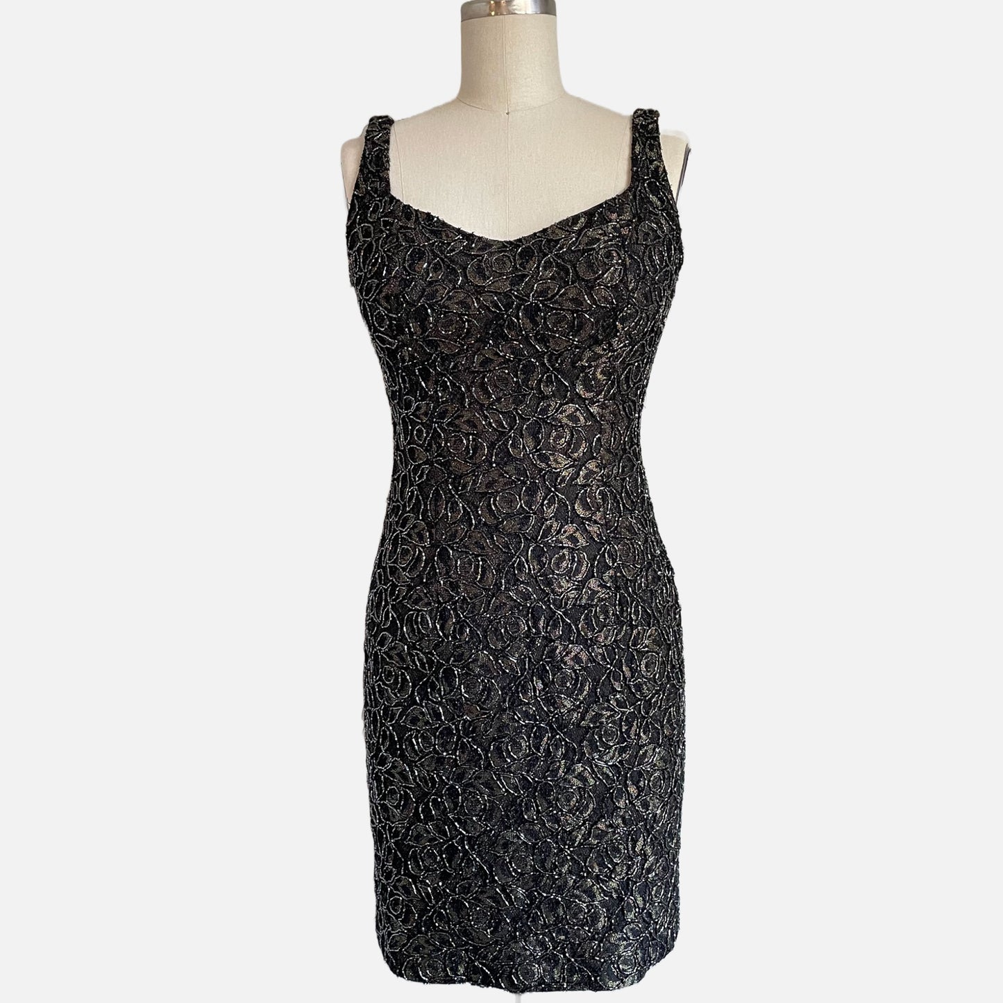 90s Metallic Beaded Sheath Sleeveless Cocktail Dress