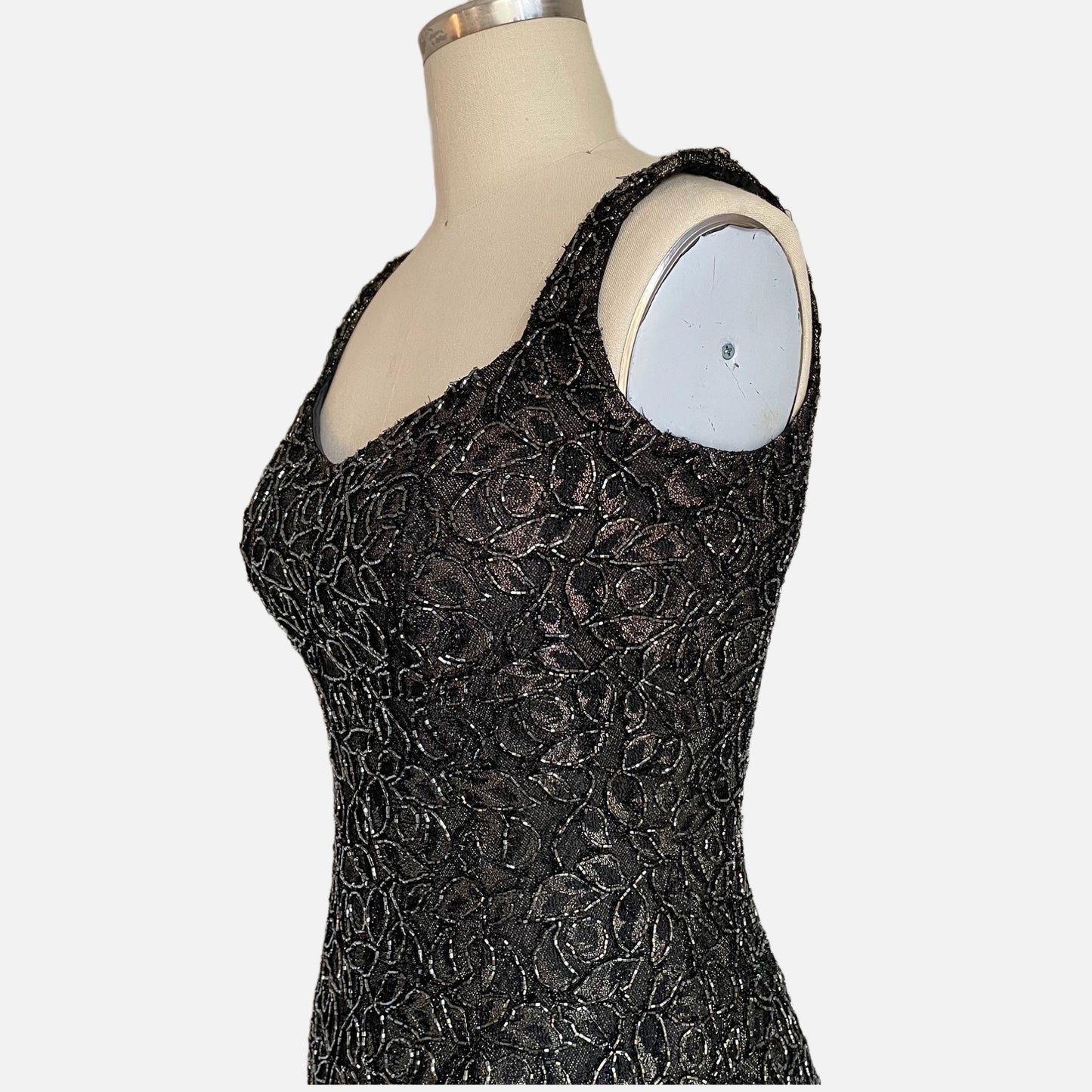 90s Metallic Beaded Sheath Sleeveless Cocktail Dress