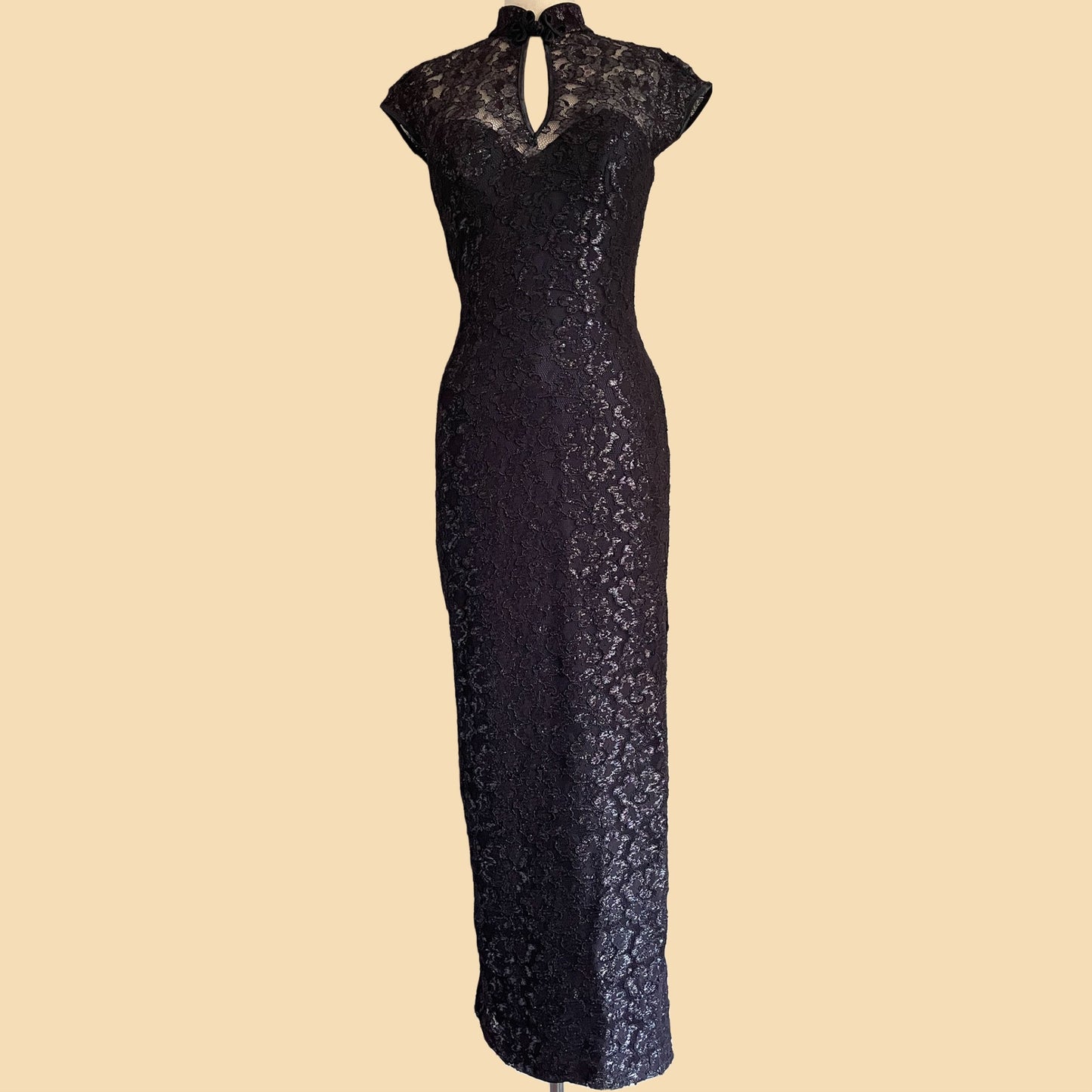 90s Caché Metallic Floral Mesh Lace Bodycon Formal Dress