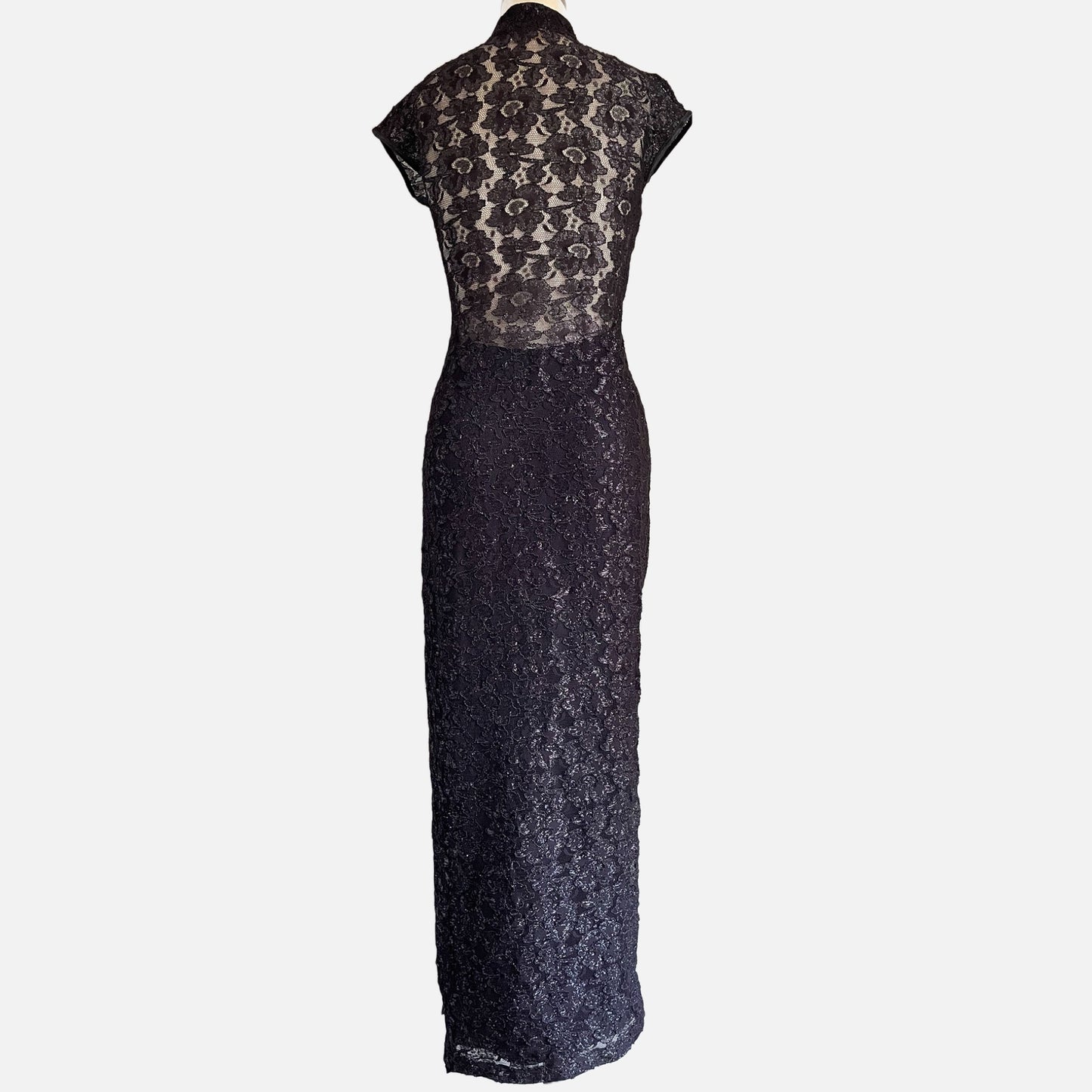 90s Caché Metallic Floral Mesh Lace Bodycon Formal Dress