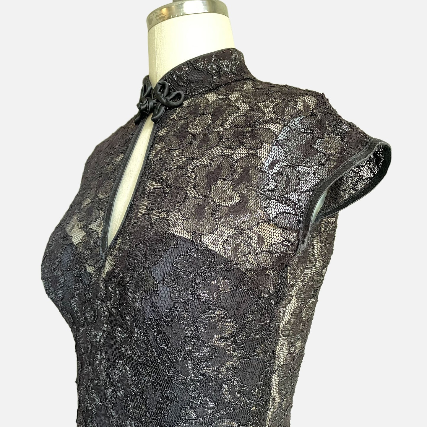 90s Caché Metallic Floral Mesh Lace Bodycon Formal Dress
