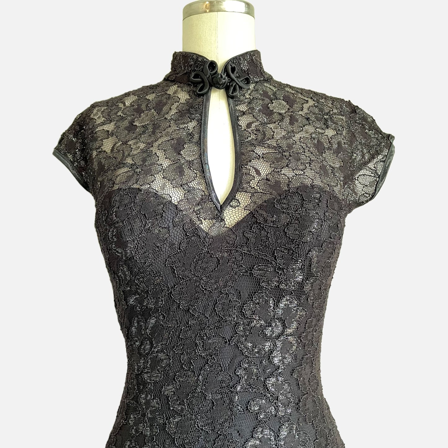 90s Caché Metallic Floral Mesh Lace Bodycon Formal Dress