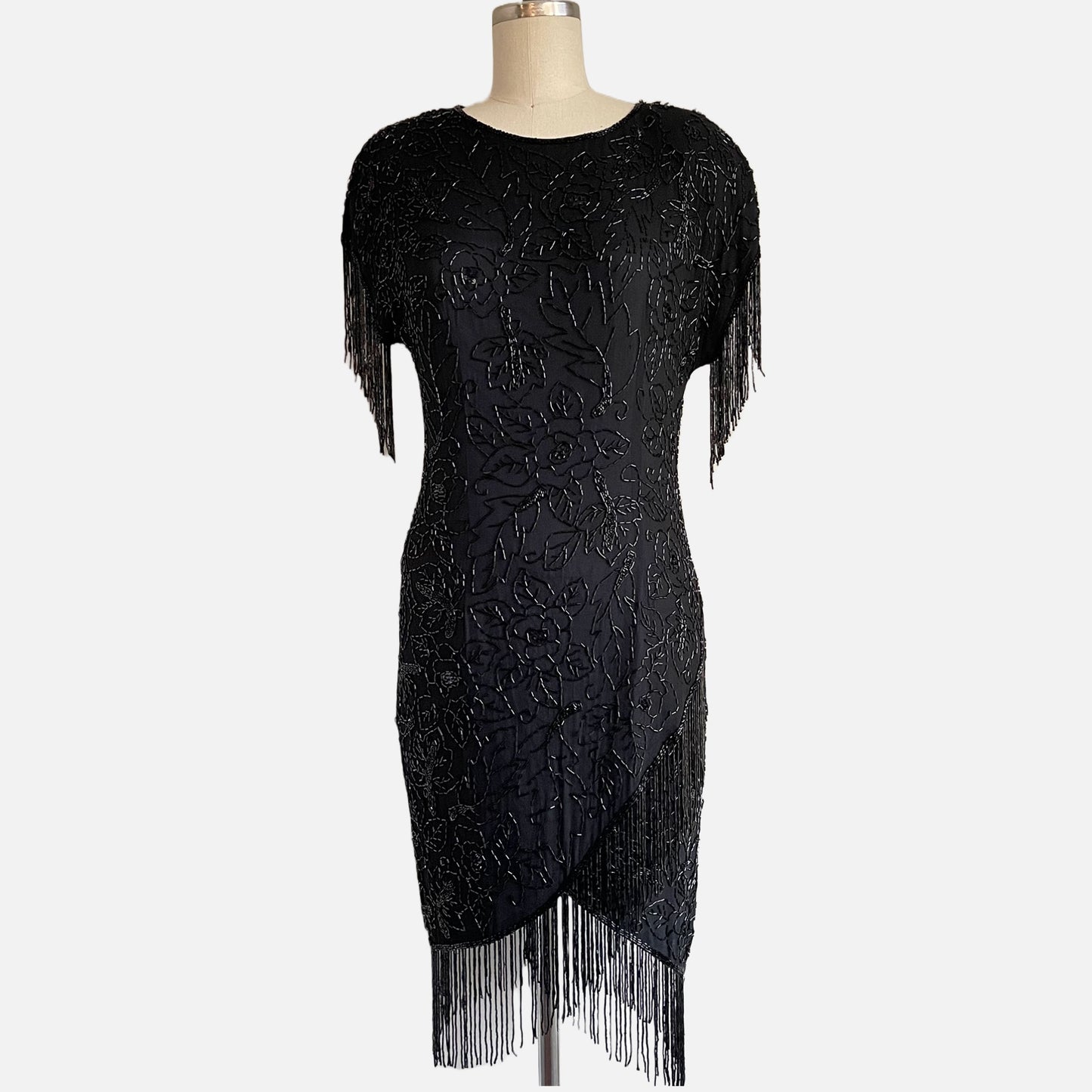 80s Art Deco Floral Beaded Flapper Dress