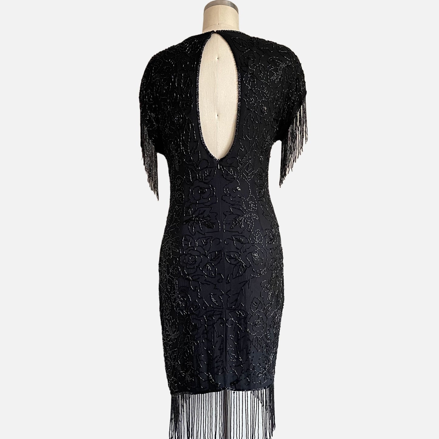 80s Art Deco Floral Beaded Flapper Dress