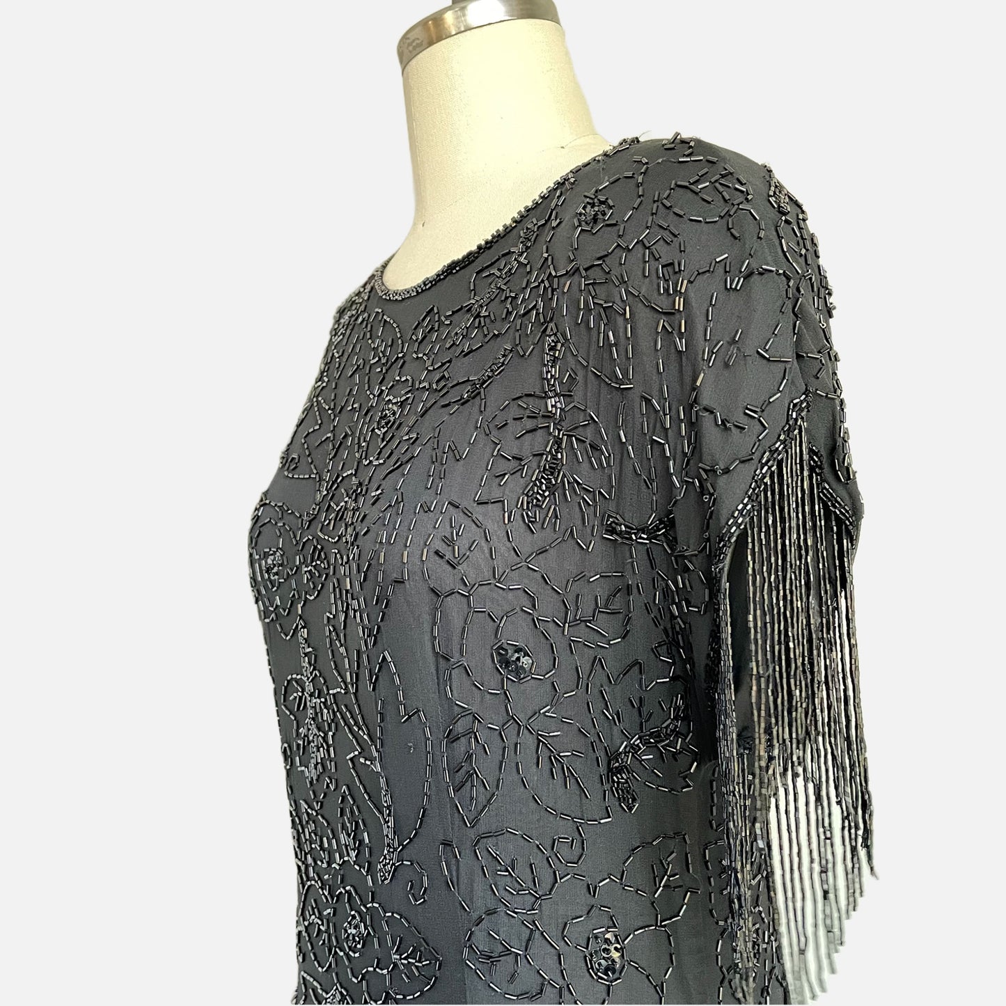 80s Art Deco Floral Beaded Flapper Dress