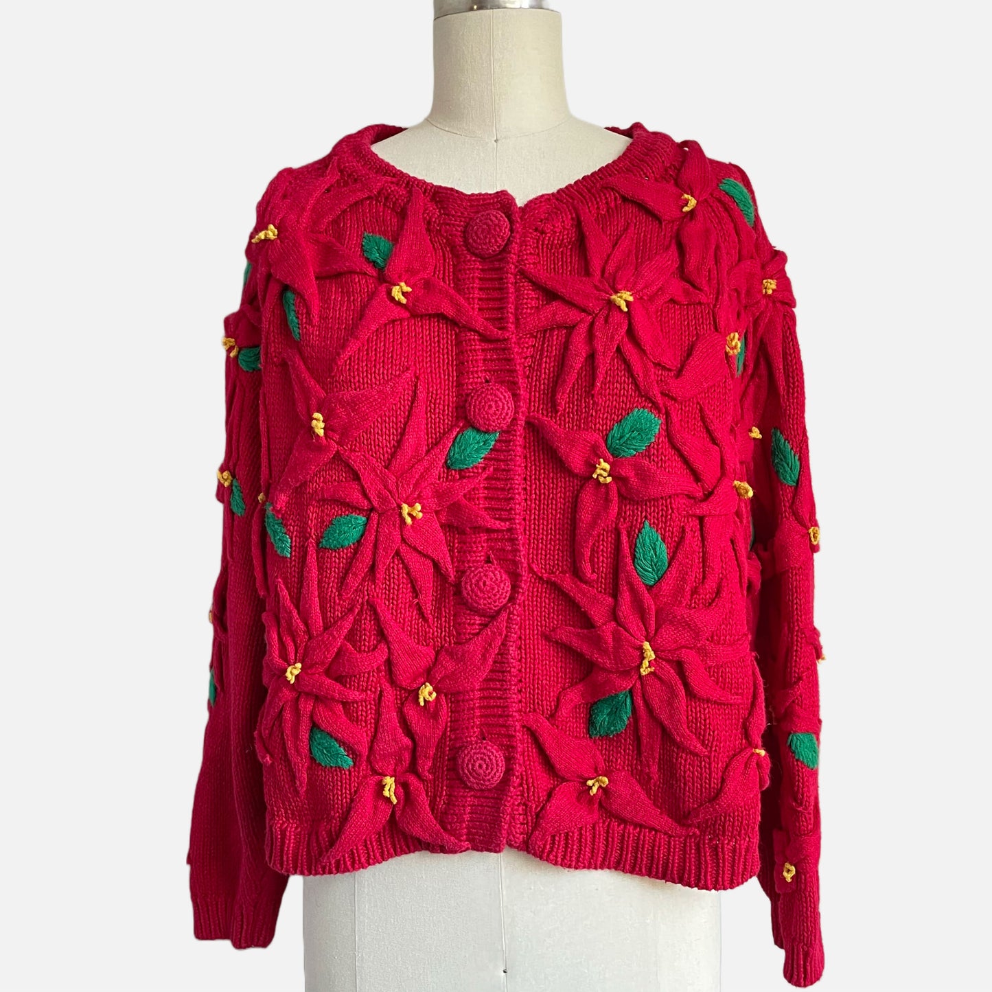 90s Red Poinsettia Knit Holiday Cardigan