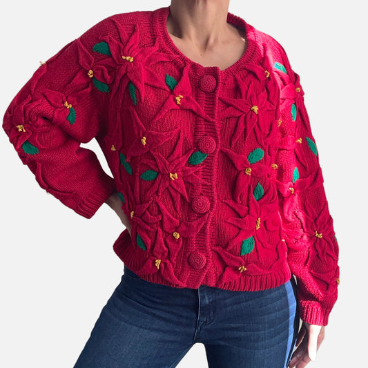 90s Red Poinsettia Knit Holiday Cardigan