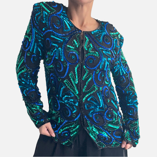 80s/90s 100% Silk Sequin Beaded Multi-Color Cardigan