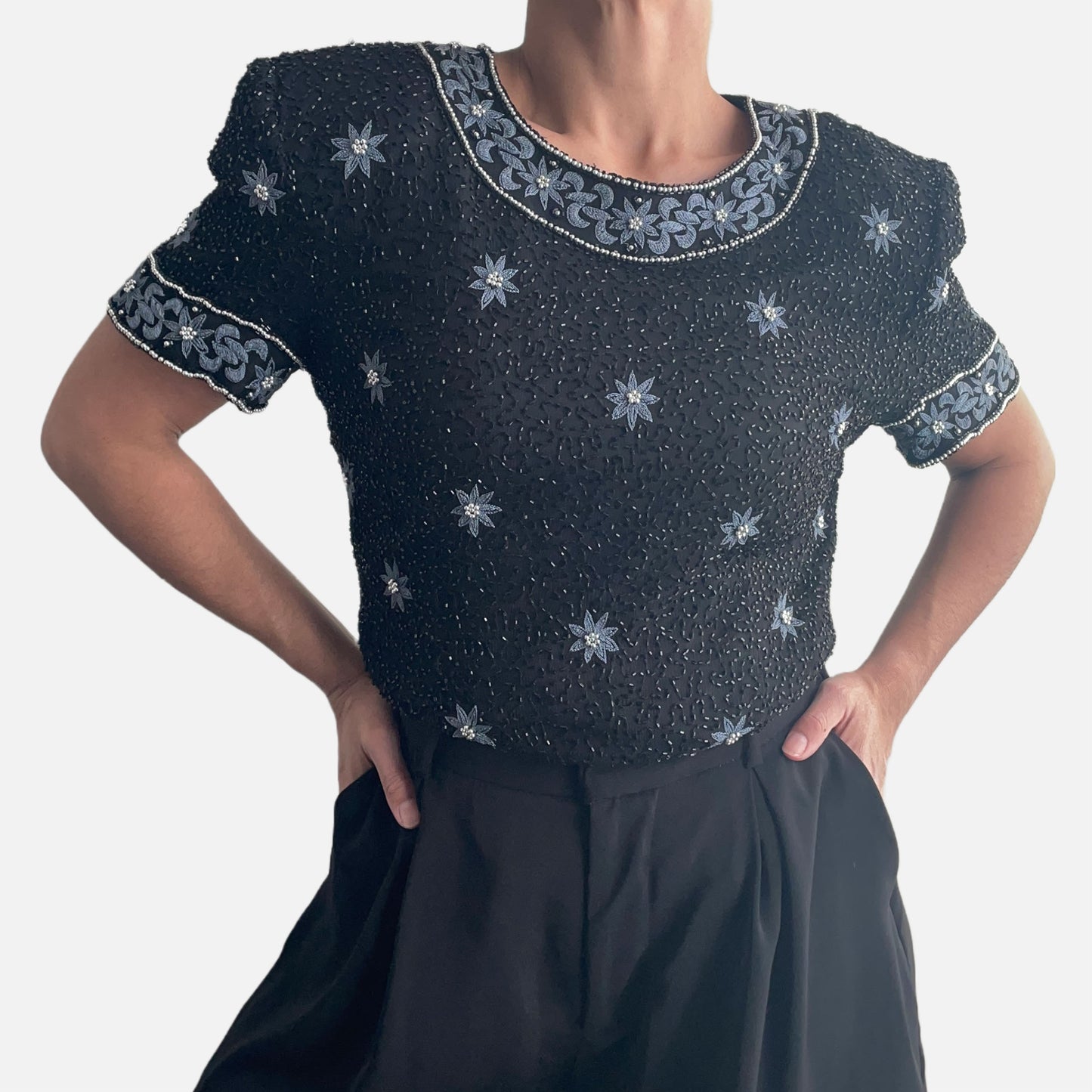 80s 100% Silk Black and Steel Grey Floral Beaded Top