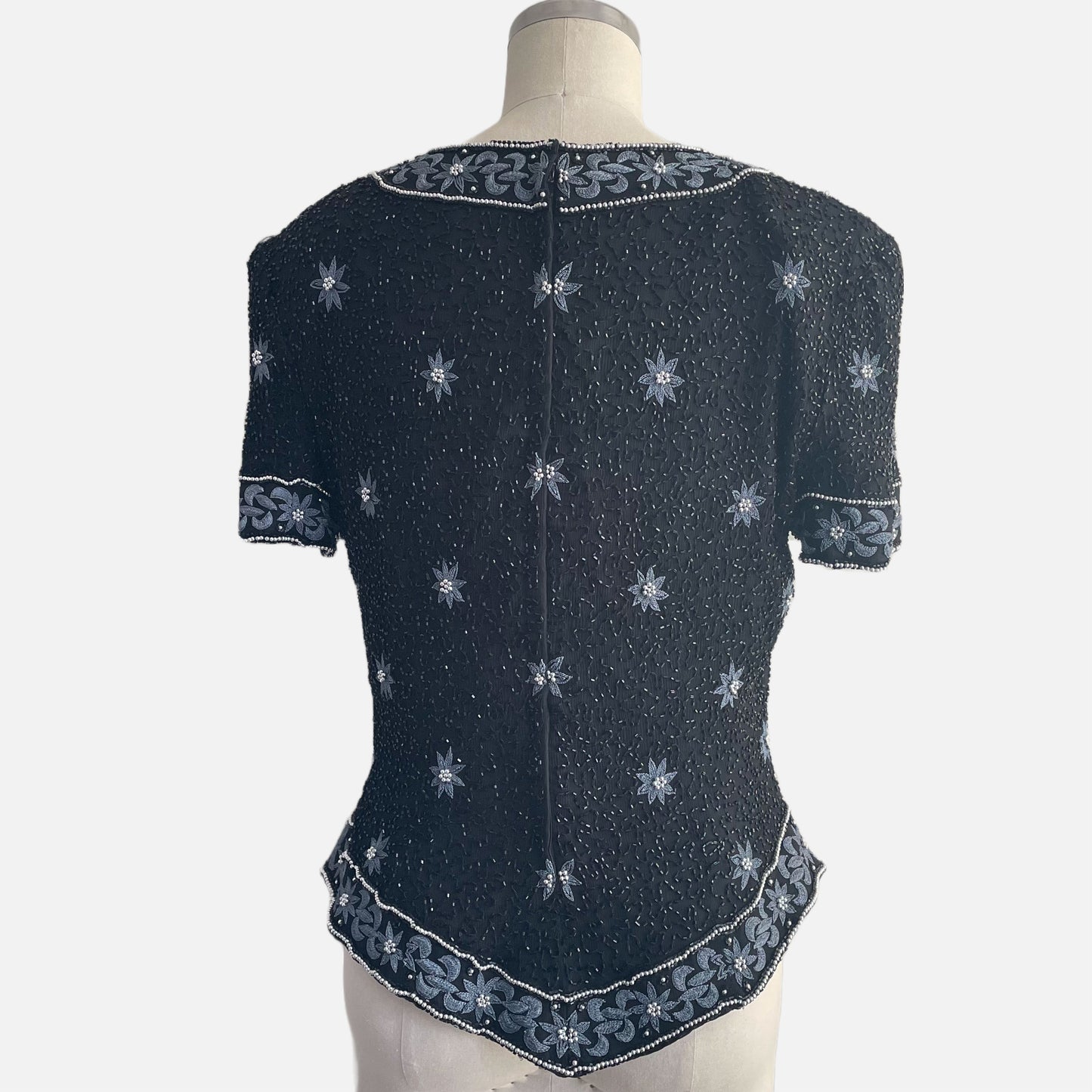 80s 100% Silk Black and Steel Grey Floral Beaded Top