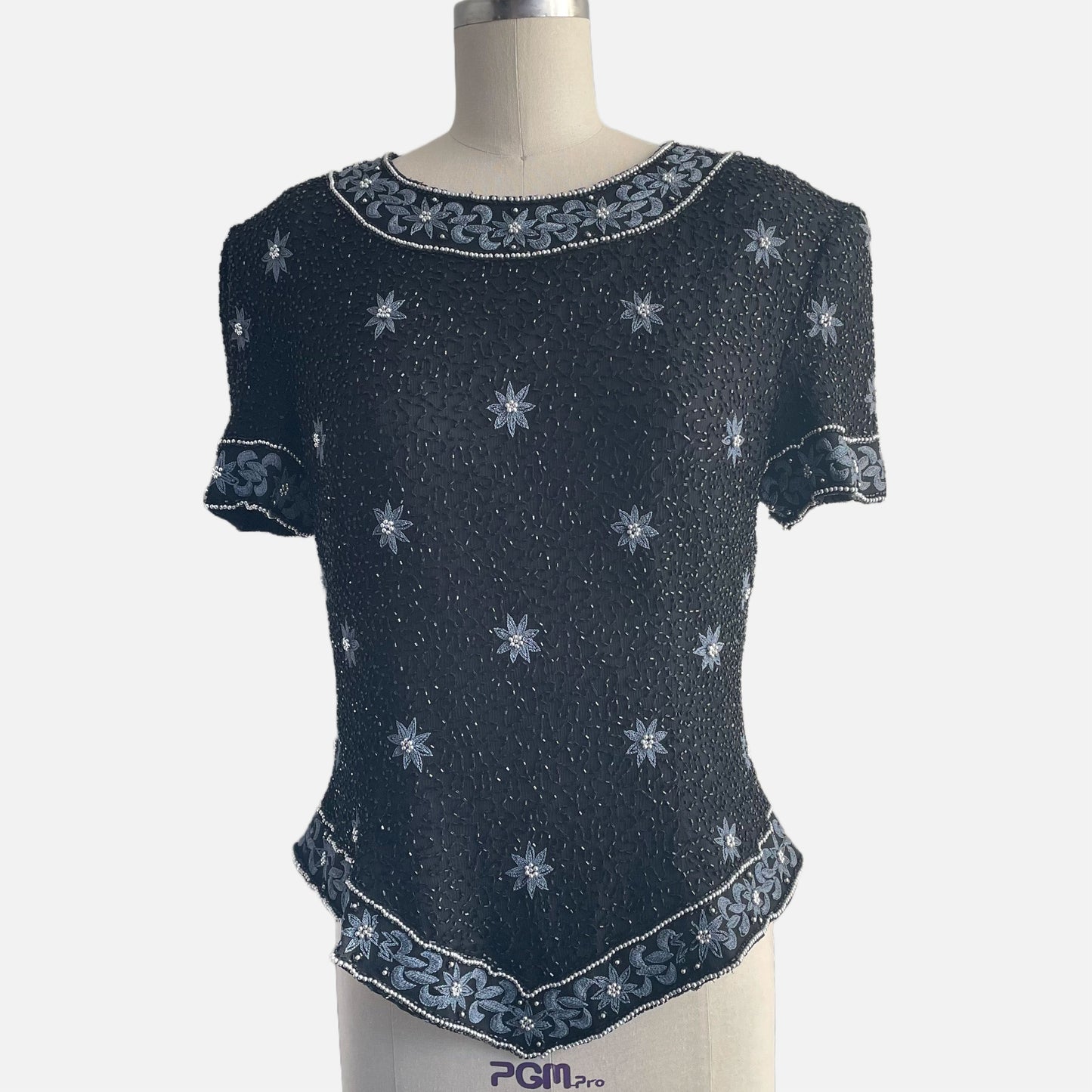 80s 100% Silk Black and Steel Grey Floral Beaded Top