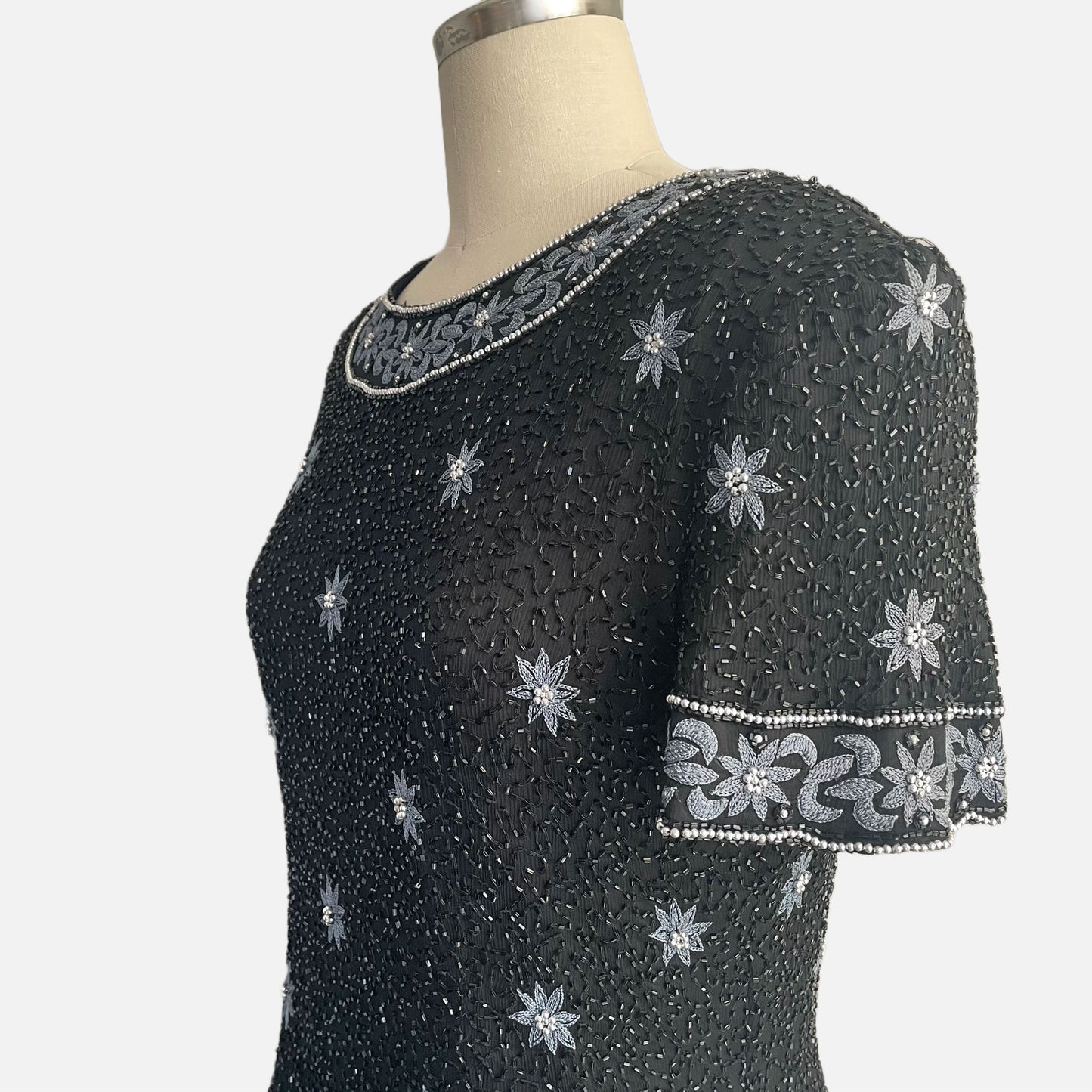 80s 100% Silk Black and Steel Grey Floral Beaded Top
