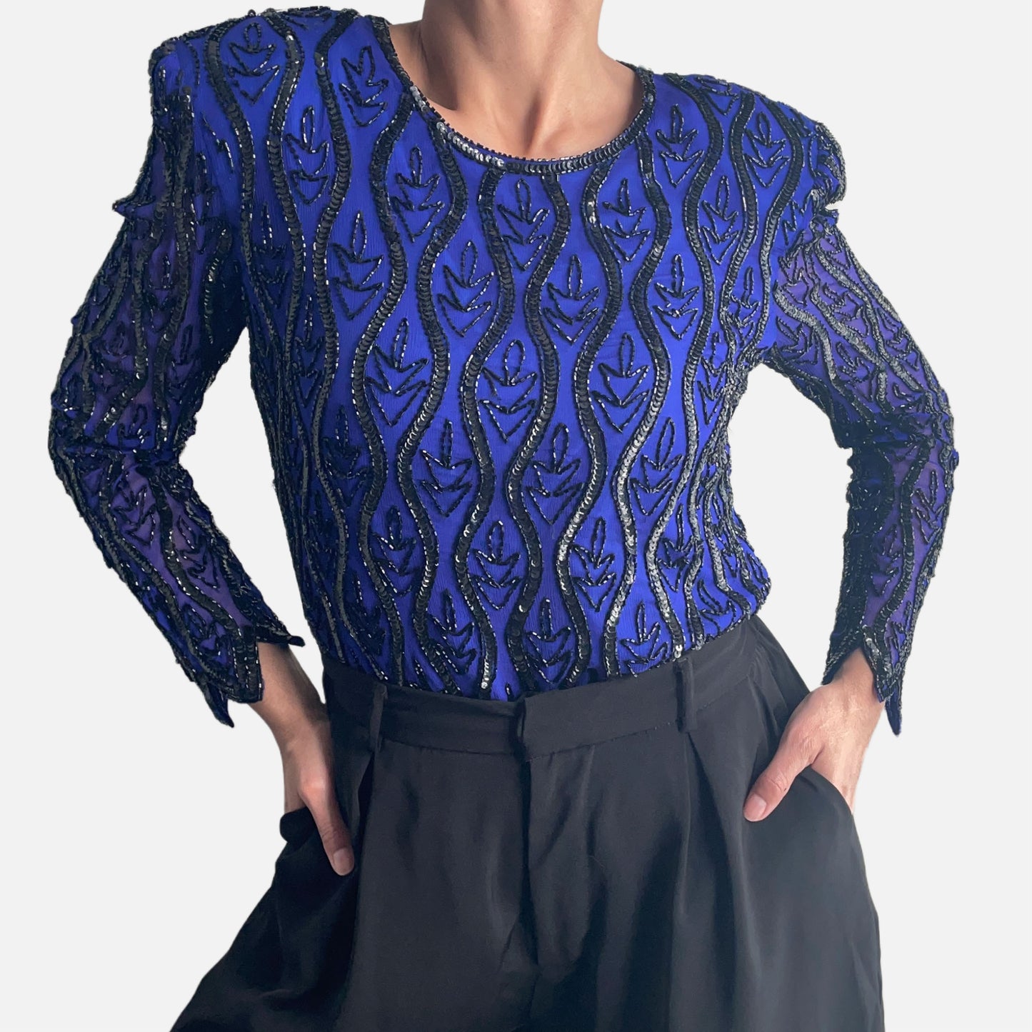 80s 100% Indigo Blue Sequin Beaded Top