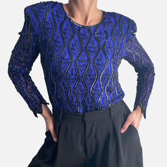80s 100% Indigo Blue Sequin Beaded Top