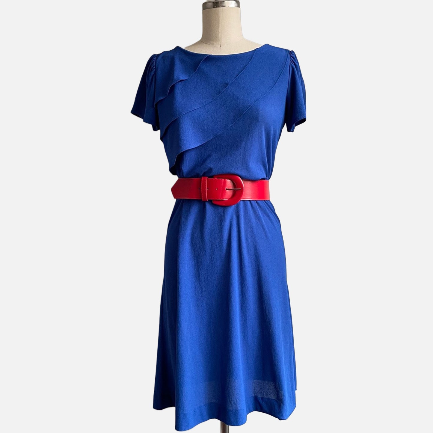 60s Royal Blue Ruffled A-Line Pullover Dress