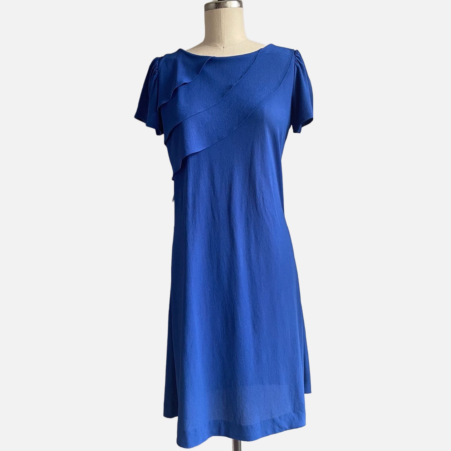 60s Royal Blue Ruffled A-Line Pullover Dress