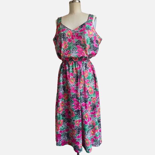 80s/90s Pink Floral and Animal Print Sleeveless Sundress