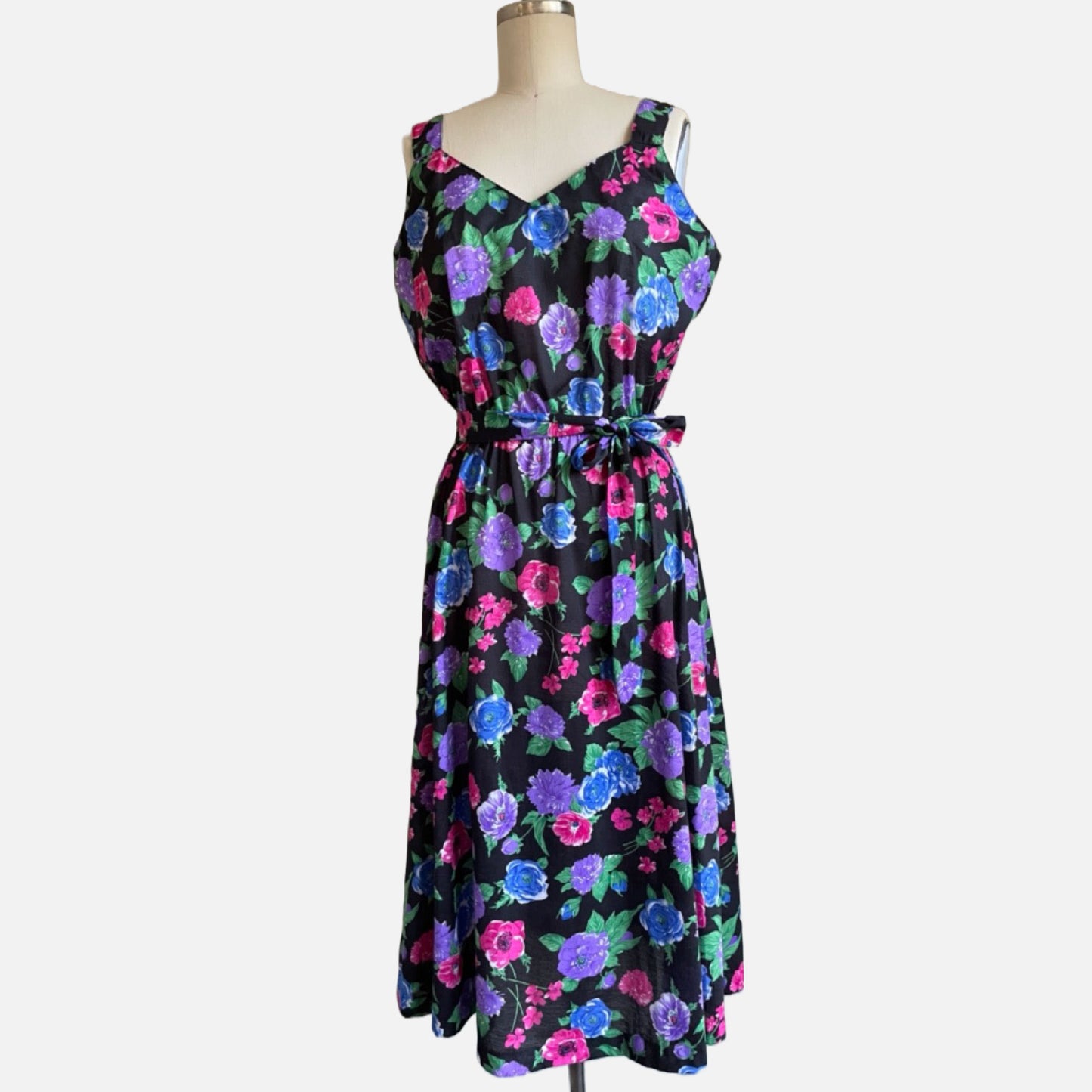 80s/90s Multicolor Floral and Black Sleeveless Sundress