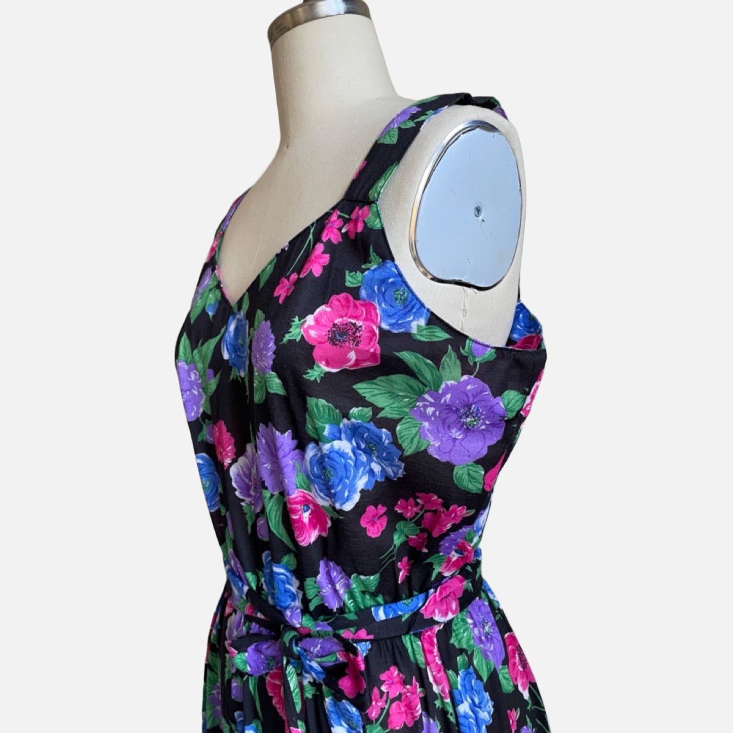 80s/90s Multicolor Floral and Black Sleeveless Sundress