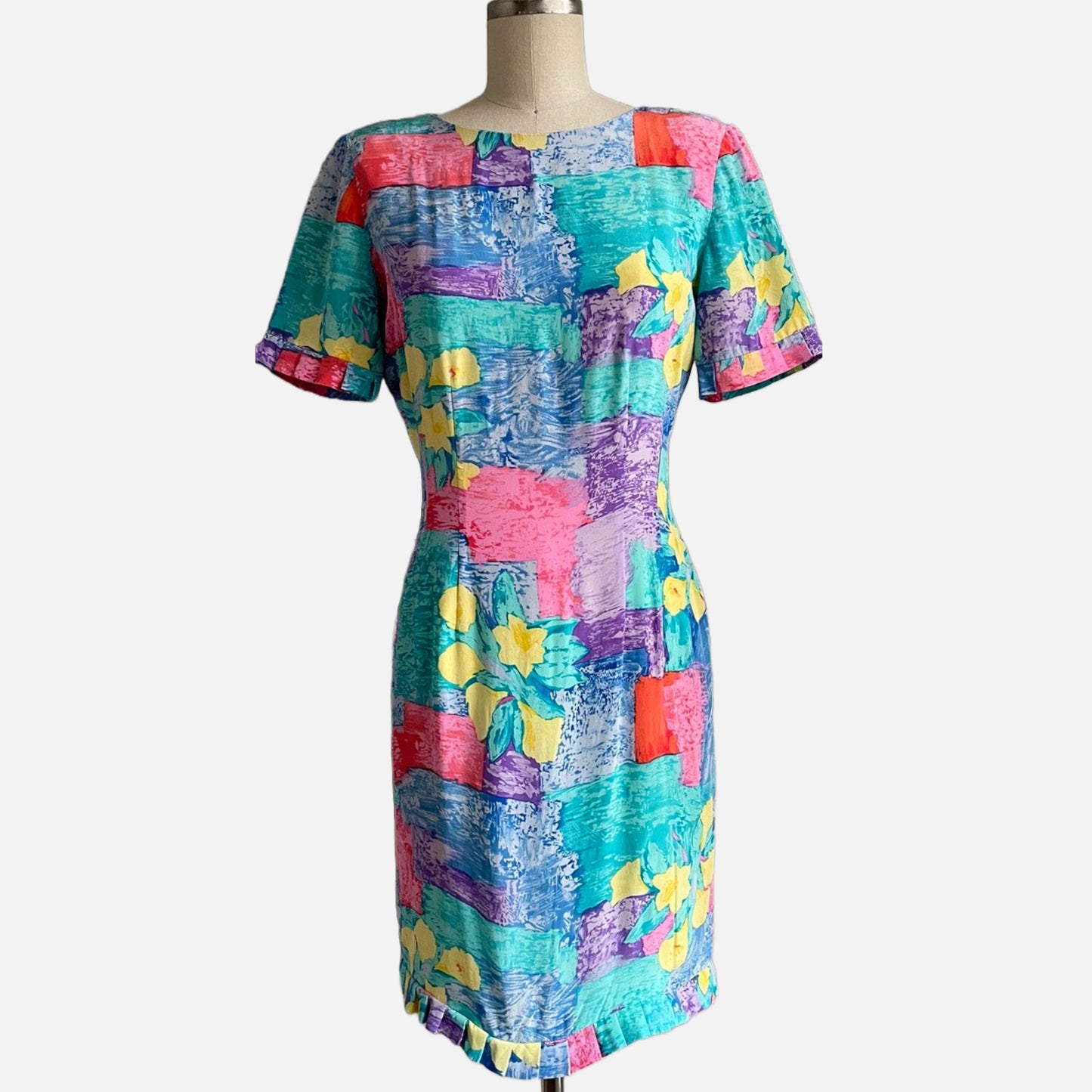90s 100% Silk Multi Print Short Sleeve Mini Dress
