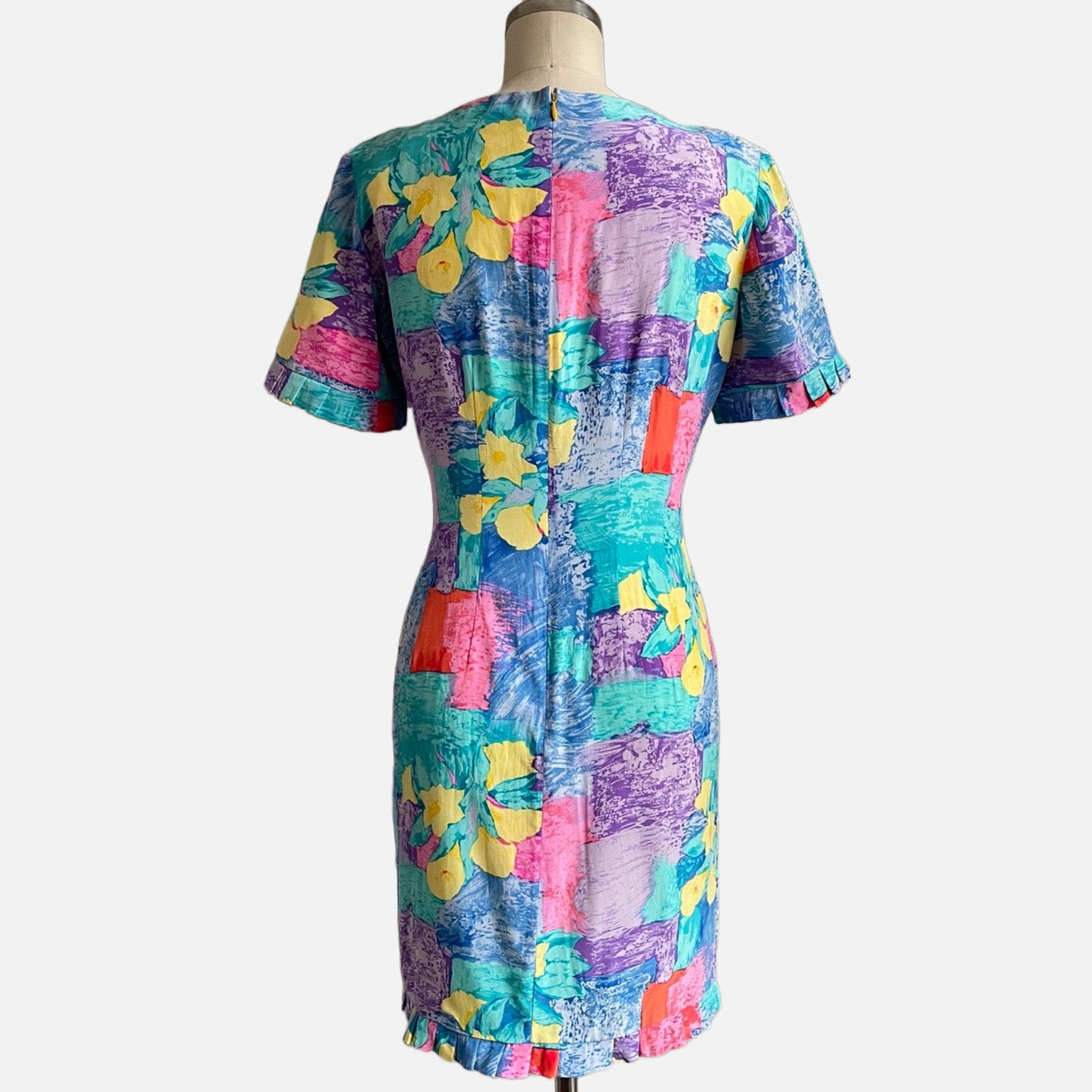 90s 100% Silk Multi Print Short Sleeve Mini Dress