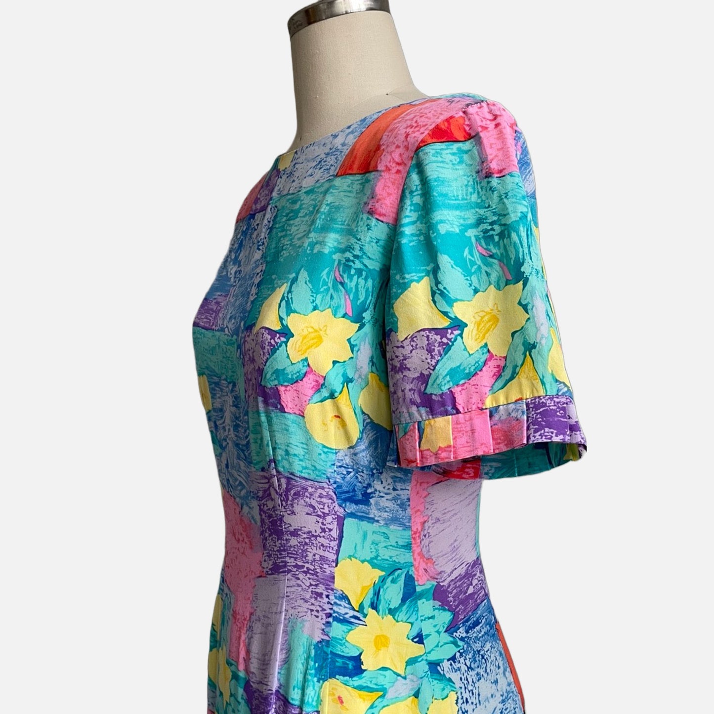 90s 100% Silk Multi Print Short Sleeve Mini Dress