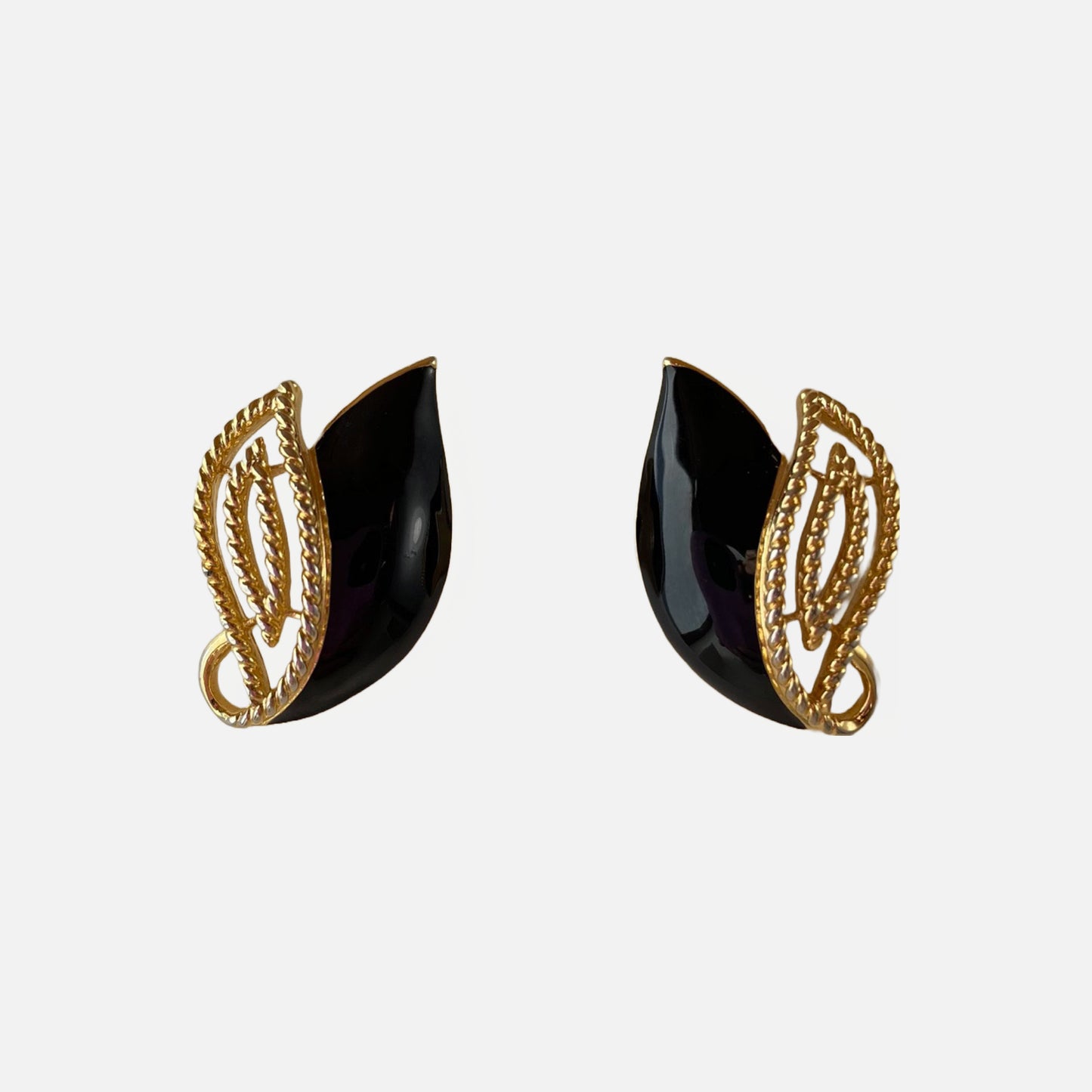 90s Trifari Gold Tone Filigree and Black Enamel Stud Earrings