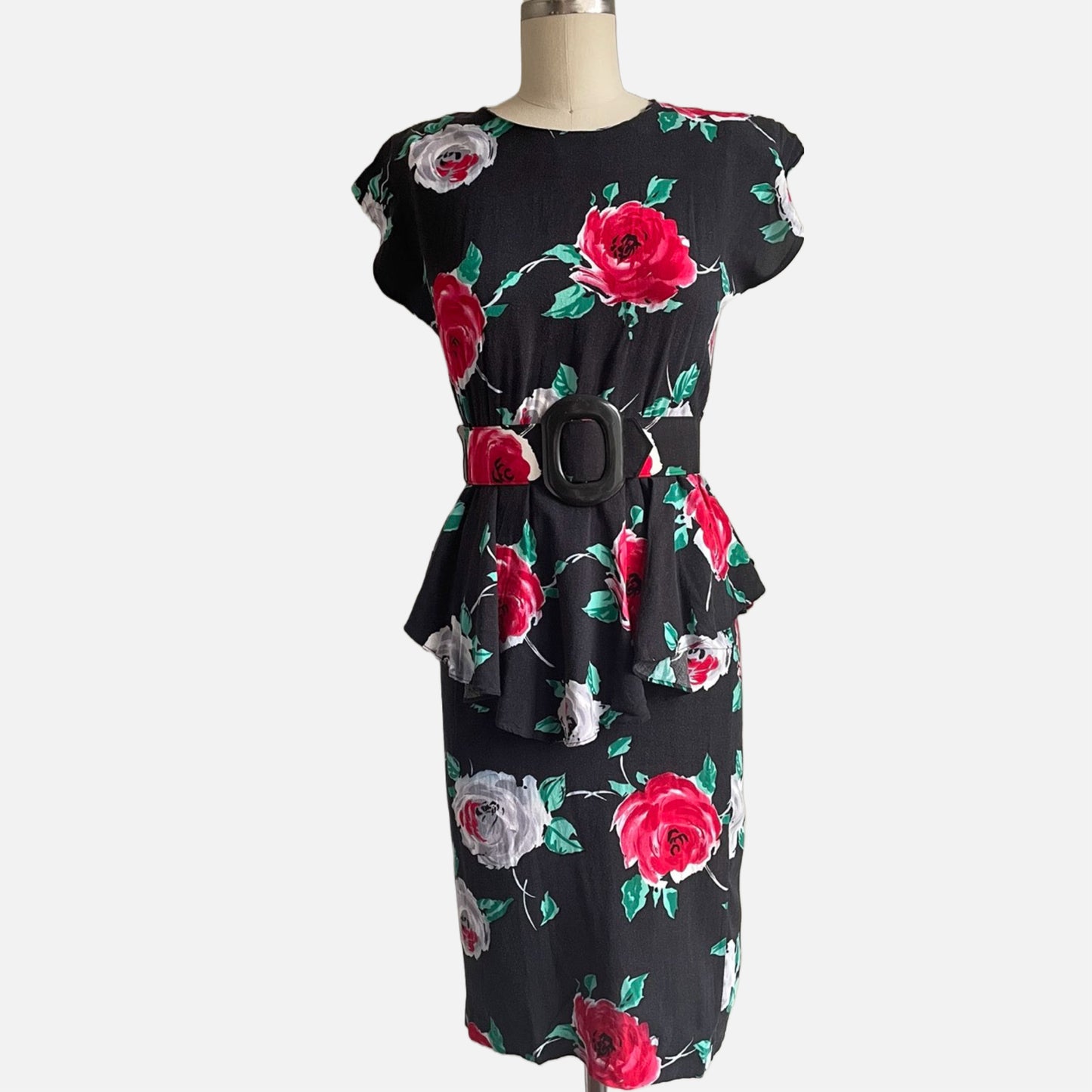 80s Black and Floral Peplum Pullover Secretary Dress