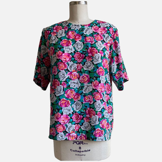 80s Multicolor Floral Short Sleeve Top