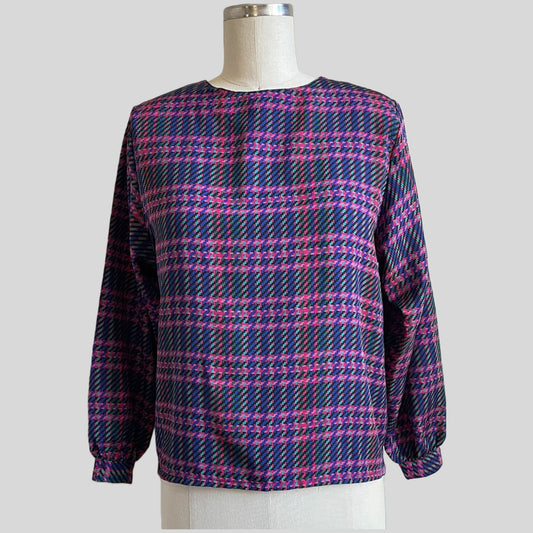 80s/90s Multi color Houndstooth Plaid Secretary Top
