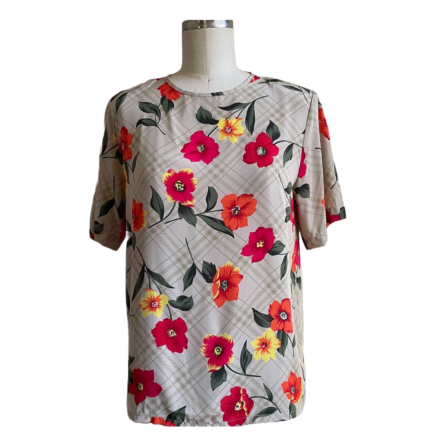 80s|90s Plaid and Floral Short Sleeve Top